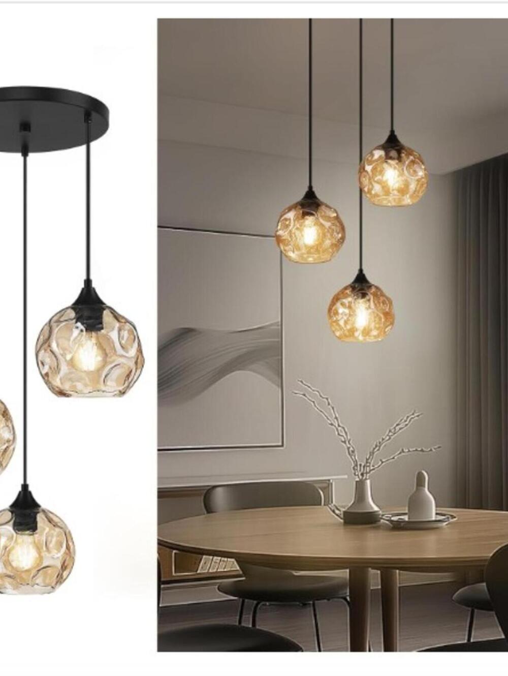 3-Light Cluster Pendant Lamp with Hammered Glass- Amber